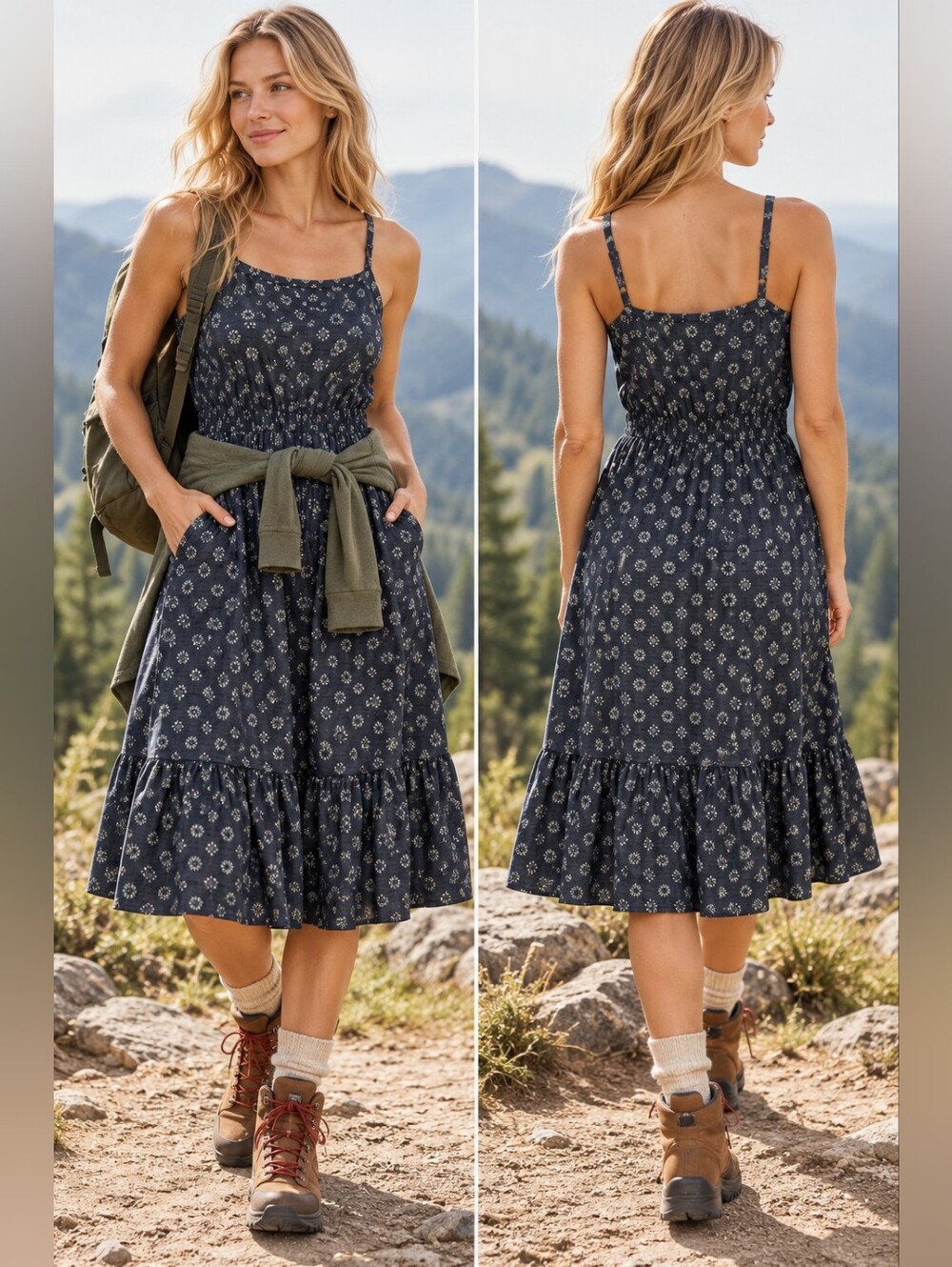 TOAD&CO SUNKISSED BELLA DRESS BLUE FLORAL MIDI POCKETS TRAVEL SZ S
